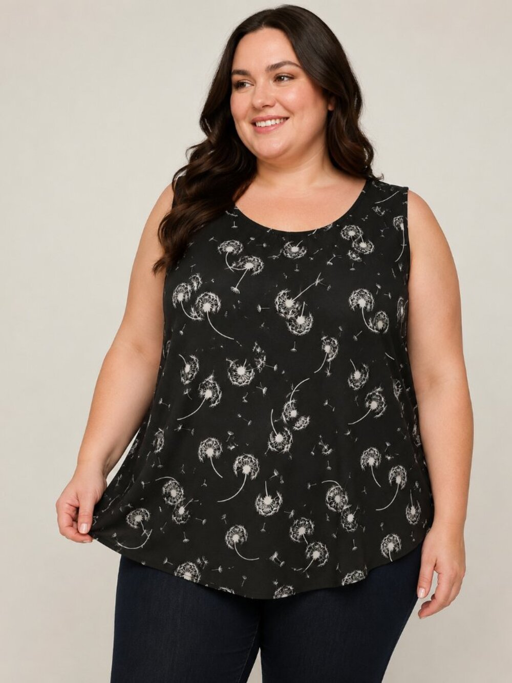 Faded Glory 4X Black White Dandelion Print Sleeveless Blouse Tank Top Plus Size